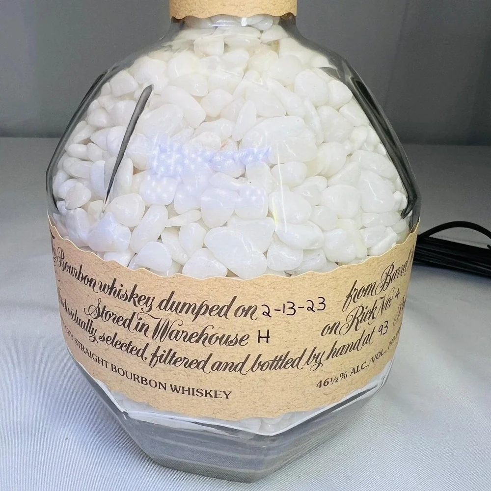 Blantons Bourbon Bottle Lamp Custom White Stone Fill Burlap Shade Rustic Decor‎